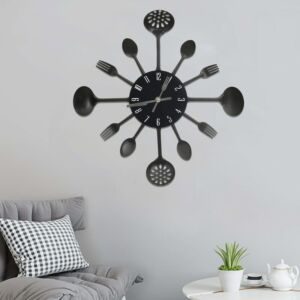 325163 Pood24 Wall Clock with Spoon and Fork Design Black 40 cm Aluminium