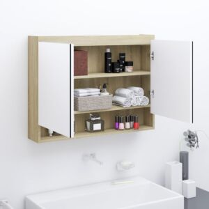 POOD24 Зеркальный шкафчик для ванной, 80 x 15 x 60 см, МДФ, белый и дуб
