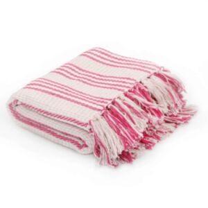 Pood24 puuvillane pleed, triibuline, 220 x 250 cm, roosa ja valge