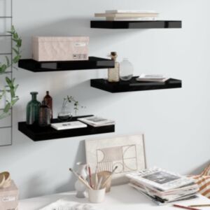 Pood24 seinariiulid, 4 tk, kõrgläikega, must, 40 x 23 x 3,8 cm MDF