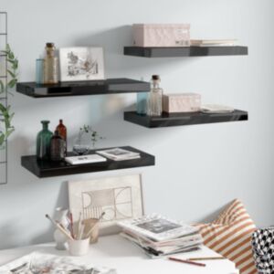 Pood24 seinariiulid, 4 tk, kõrgläikega, must, 50 x 23 x 3,8 cm MDF