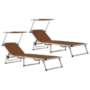 312461 Pood24 Folding Sun Loungers with Roof 2 pcs Aluminium&Textilene Brown