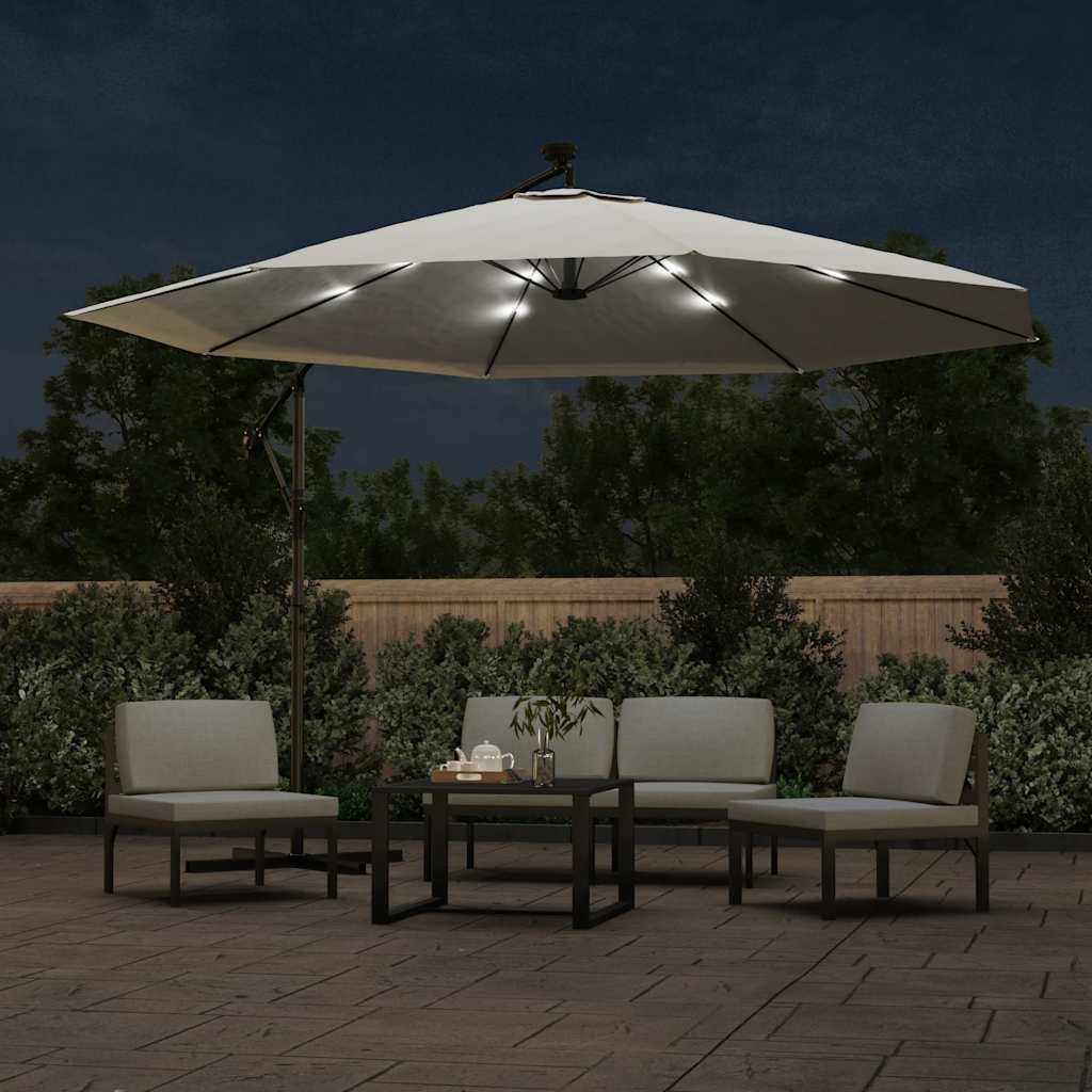 Konsooldisainiga päikesevari LED, metallpost, 350 cm liivakarva