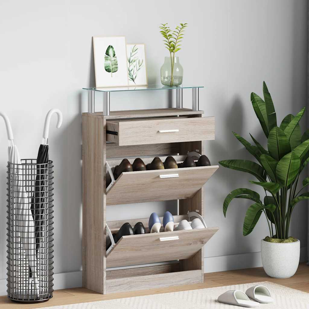Jalanõukapp sahtliga ja klaasist riiuliga, puidust tammevärvi