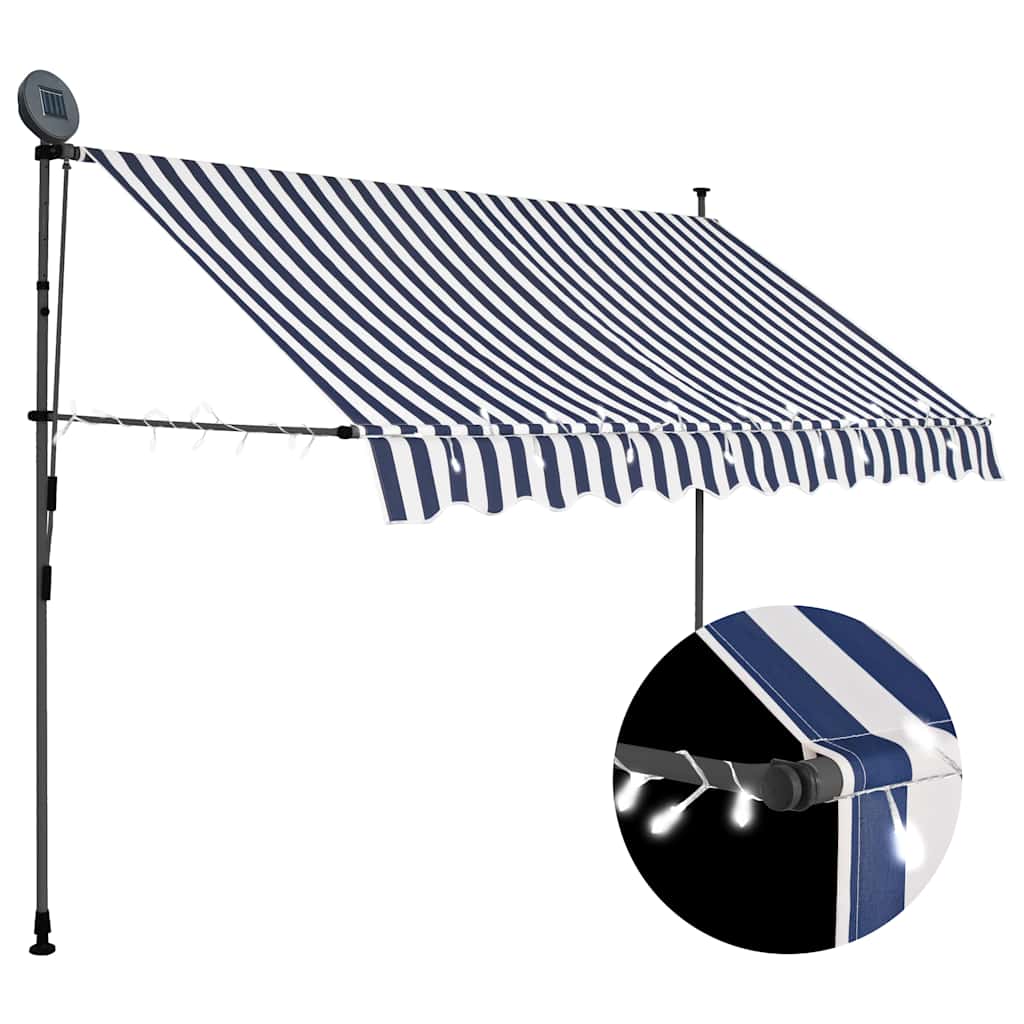 Käsitsi sissetõmmatav varikatus, LED, 250 cm sinine ja valge