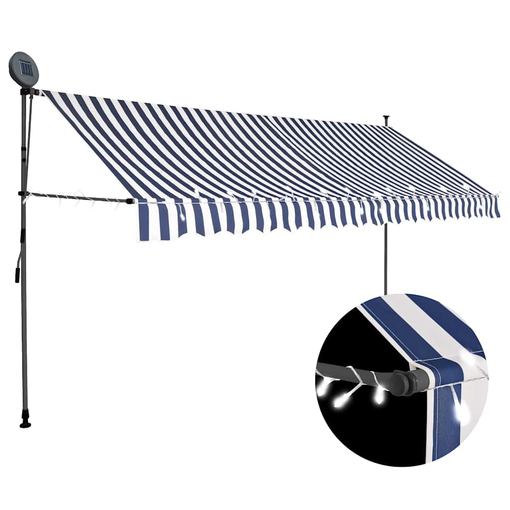 Käsitsi sissetõmmatav varikatus, LED, 350 cm sinine ja valge