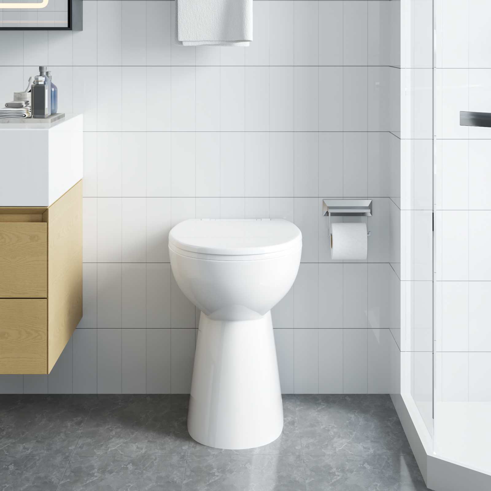 Ääristeta WC-pott, 7 cm lisakõrgus, pehme sulgumine, valge keraamika