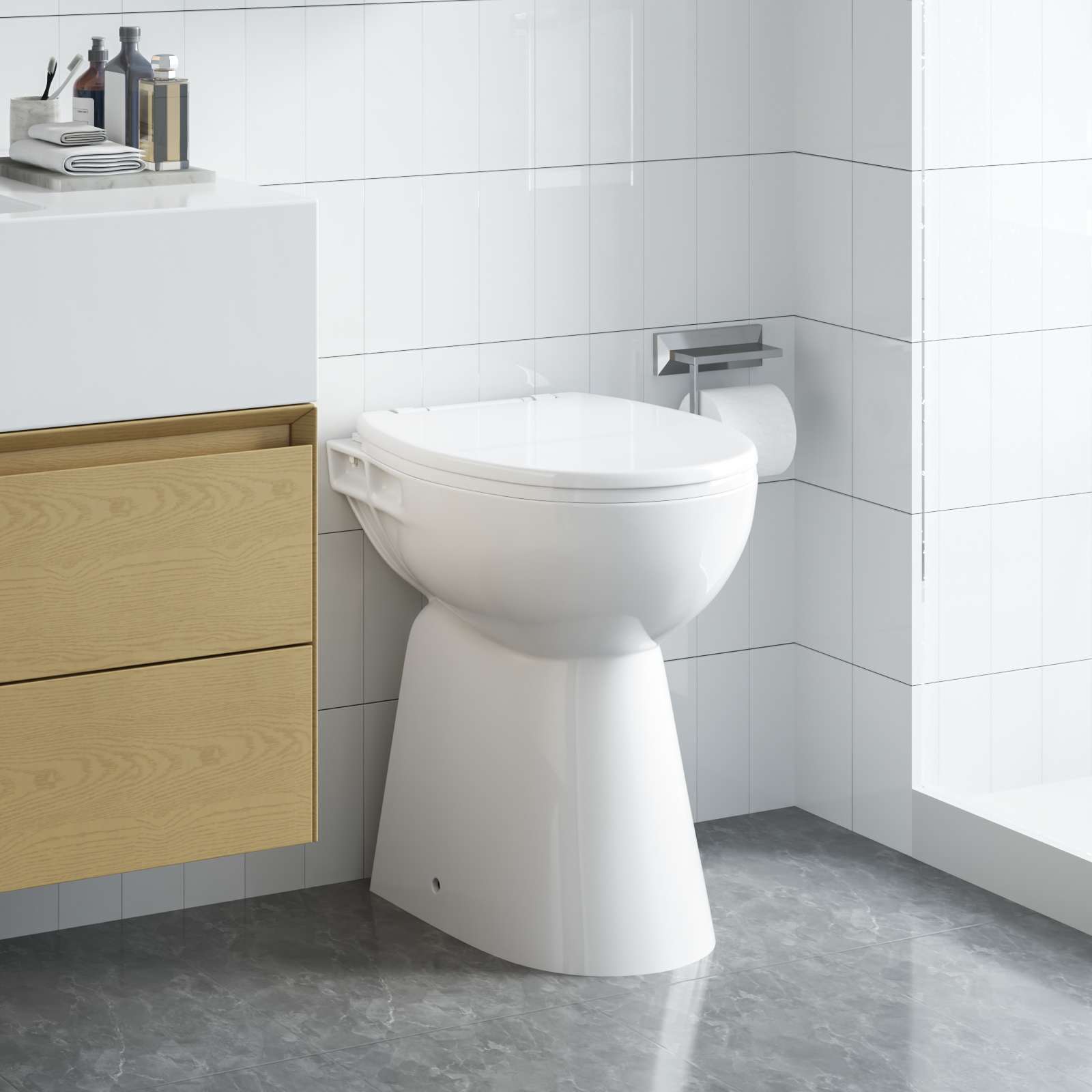 Ääristeta WC-pott, 7 cm lisakõrgus, pehme sulgumine, valge keraamika