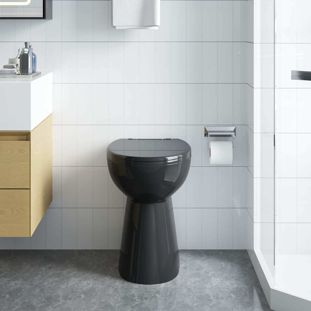 Ääristeta WC-pott, 7 cm lisakõrgus, pehme sulgumine, must keraamika