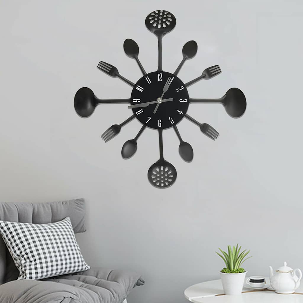 Lusika ja kahvli disainiga seinakell, must, 40 cm
