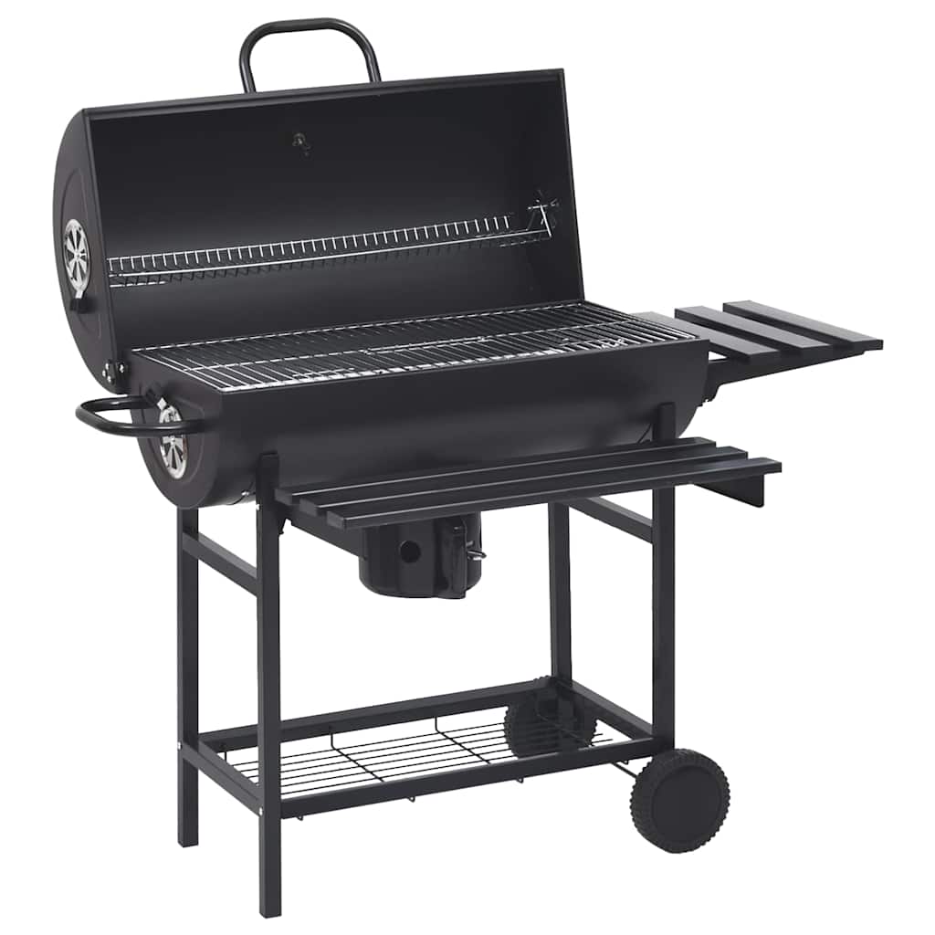 Tünnigrill rataste ja riiulitega, must, teras, 115 x 38 x 95 cm