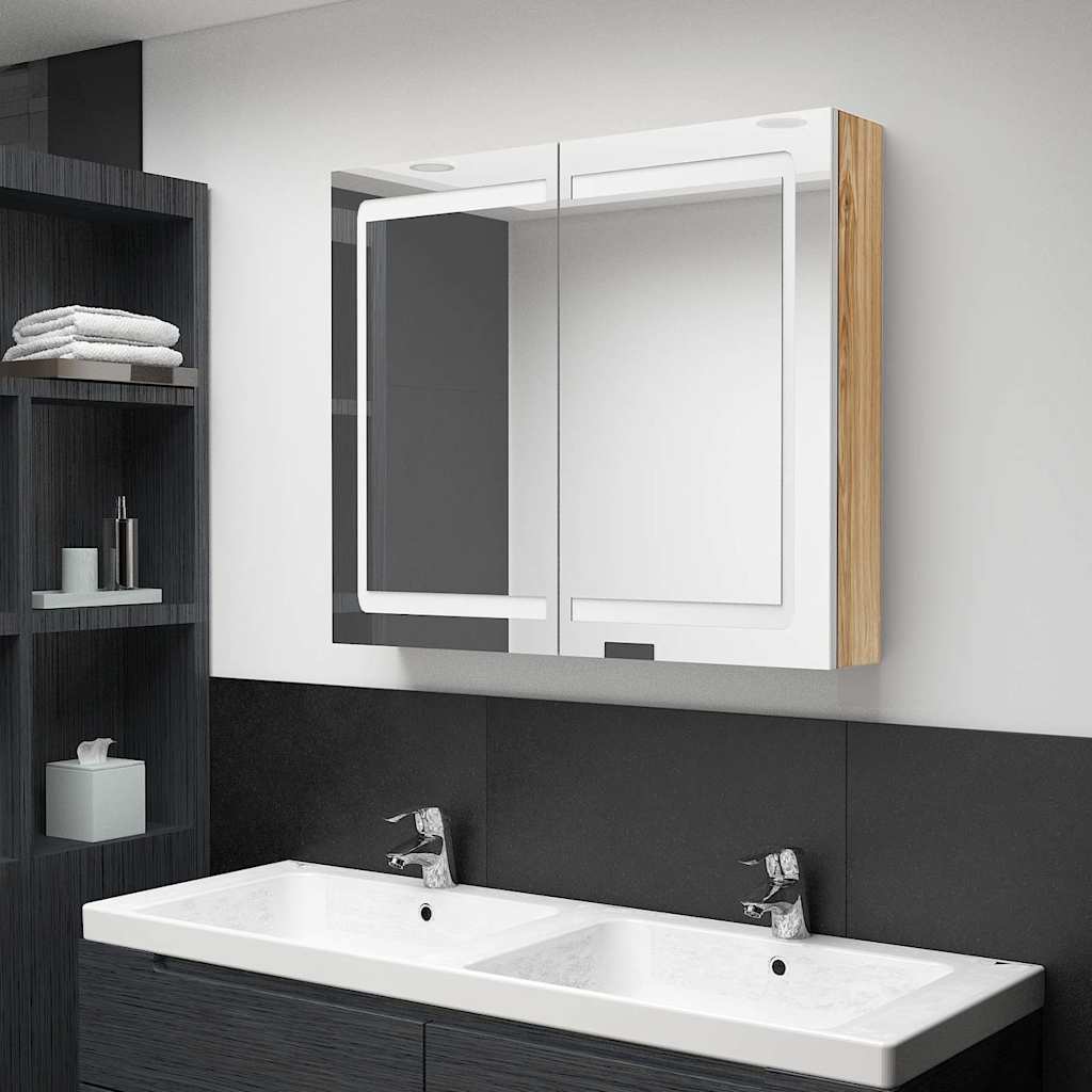 LED vannitoa peegelkapp, valge, tamm, 80 x 12 x 68 cm