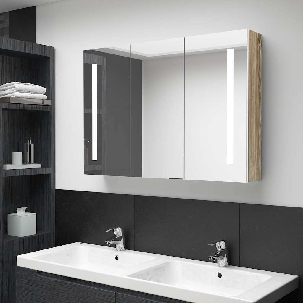LED vannitoa peegelkapp, 89 x 14 x 62 cm, valge ja tamm