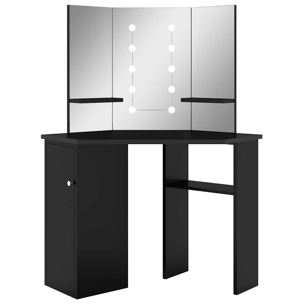 Nurga tualettlaud LED-tulega, must, 111 x 54 x 141,5 cm