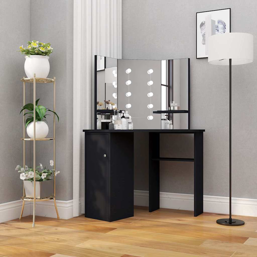 Nurga tualettlaud LED-tulega, must, 111 x 54 x 141,5 cm