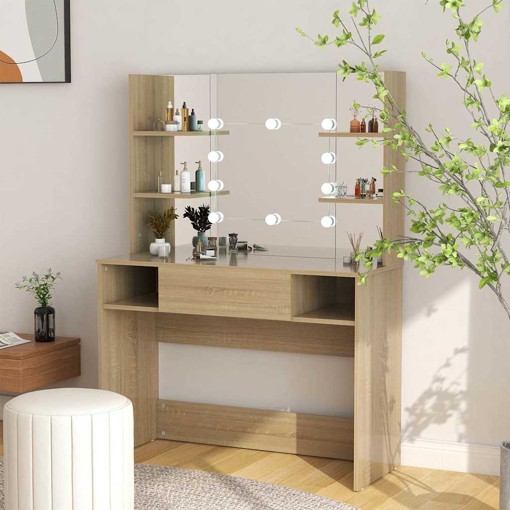 Meigilaud LED-tuledega, 100x40x135 cm, MDF-plaat, tamm