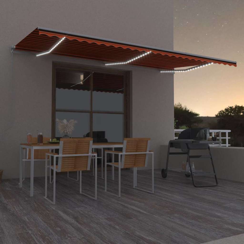 Käsitsi sissetõmmatav varikatus LED, 600x300 cm, oranž ja pruun