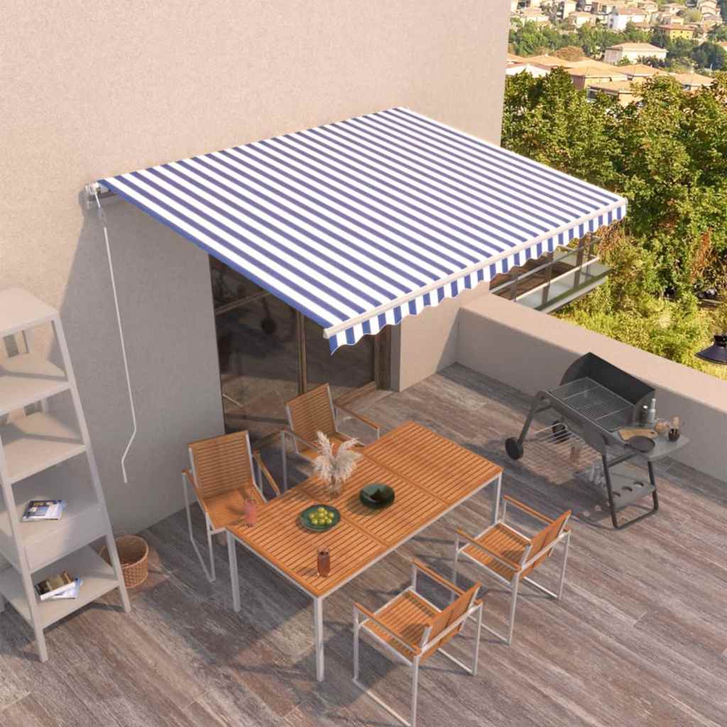 Automaatselt sissetõmmatav varikatus 450x350 cm sinine ja valge