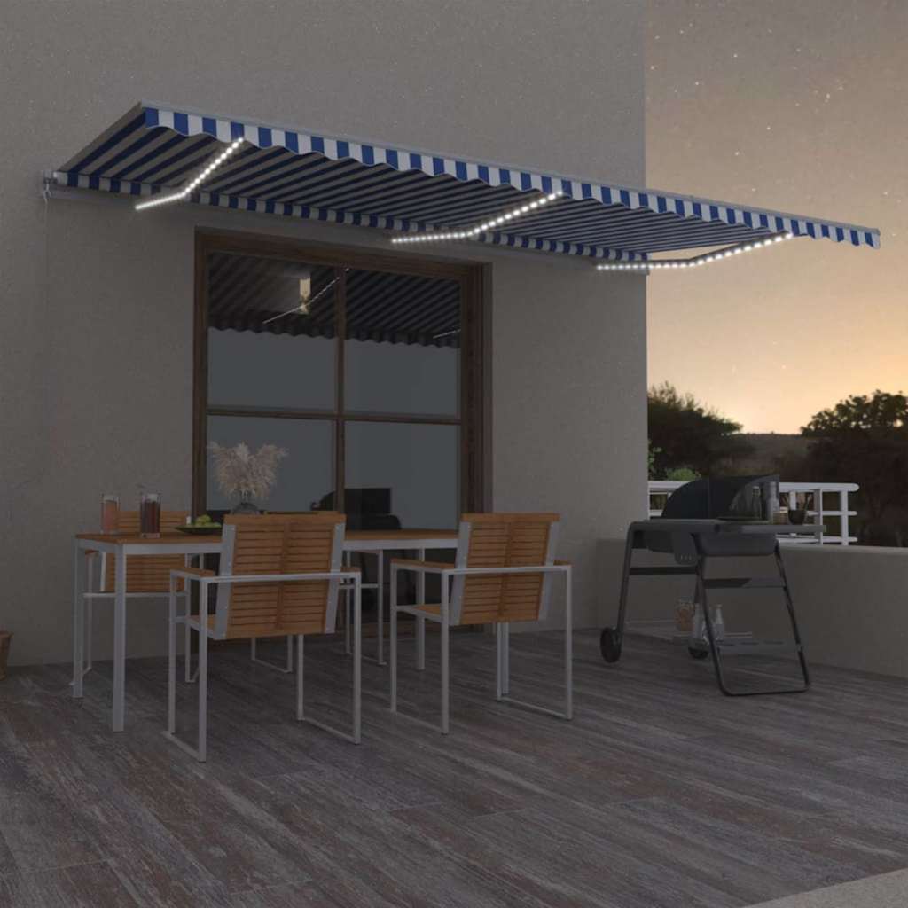 Käsitsi sissetõmmatav varikatus LED 600x350 cm sinine ja valge