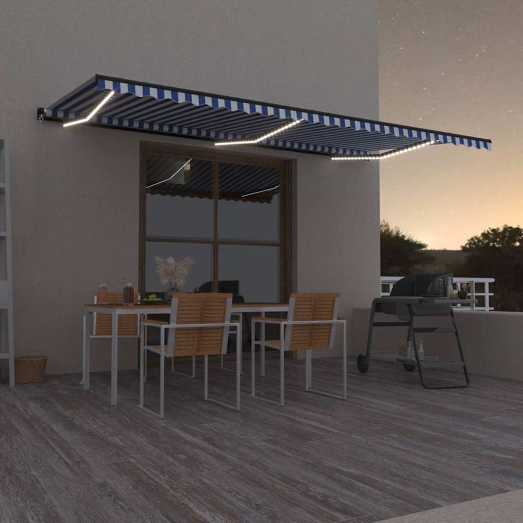 Käsitsi sissetõmmatav varikatus, LED, 600x300 cm, sinine/valge