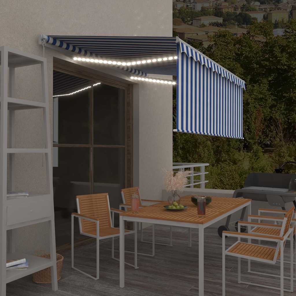 Käsitsi sissetõmmatav varikatus ruloo&LED,3x2,5 m, sinine/valge
