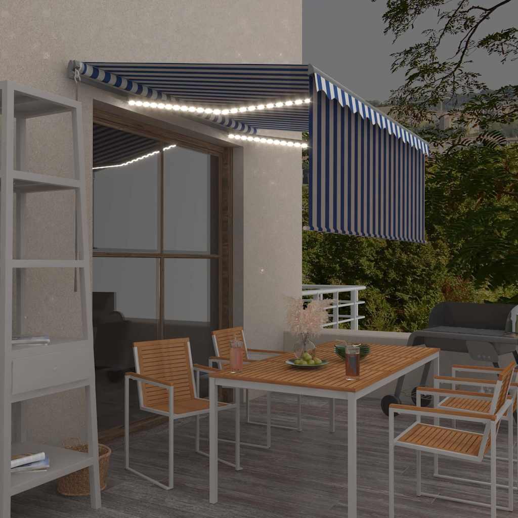 Käsitsi sissetõmmatav varikatus ruloo&LED,3,5x2,5m sinine/valge