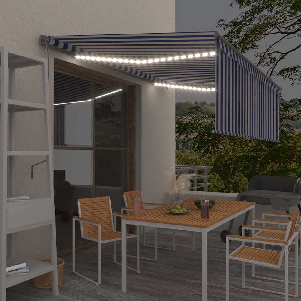 Automaatne varikatus LED ja tuuleandur 4,5x3 m sinine ja valge