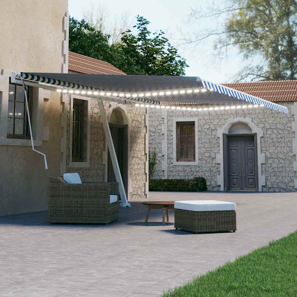 Käsitsi sissetõmmatav varikatus, LED, 600x300 cm, sinine/valge