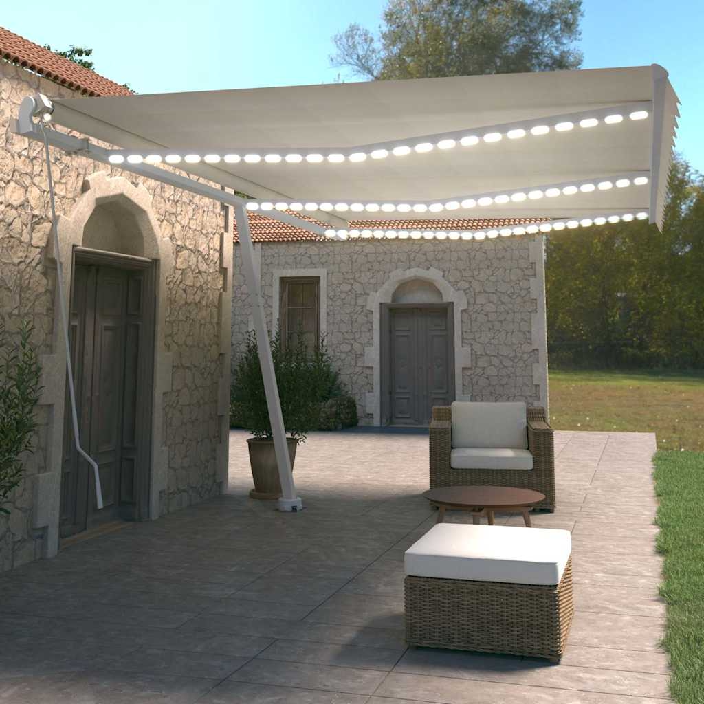 Käsitsi sissetõmmatav varikatus LED-ga, 600x350 cm kreemjas