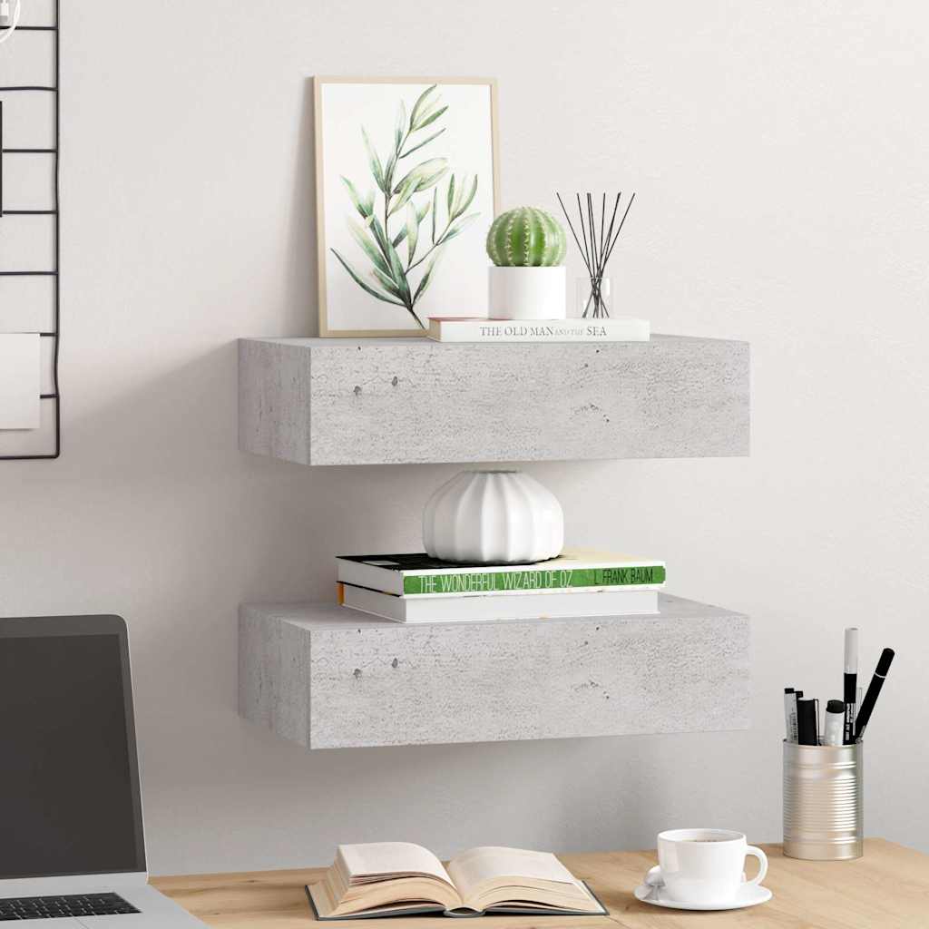 Sahtlitega seinariiulid, 2tk, betoonhall, 40 x 23,5 x 10cm MDF