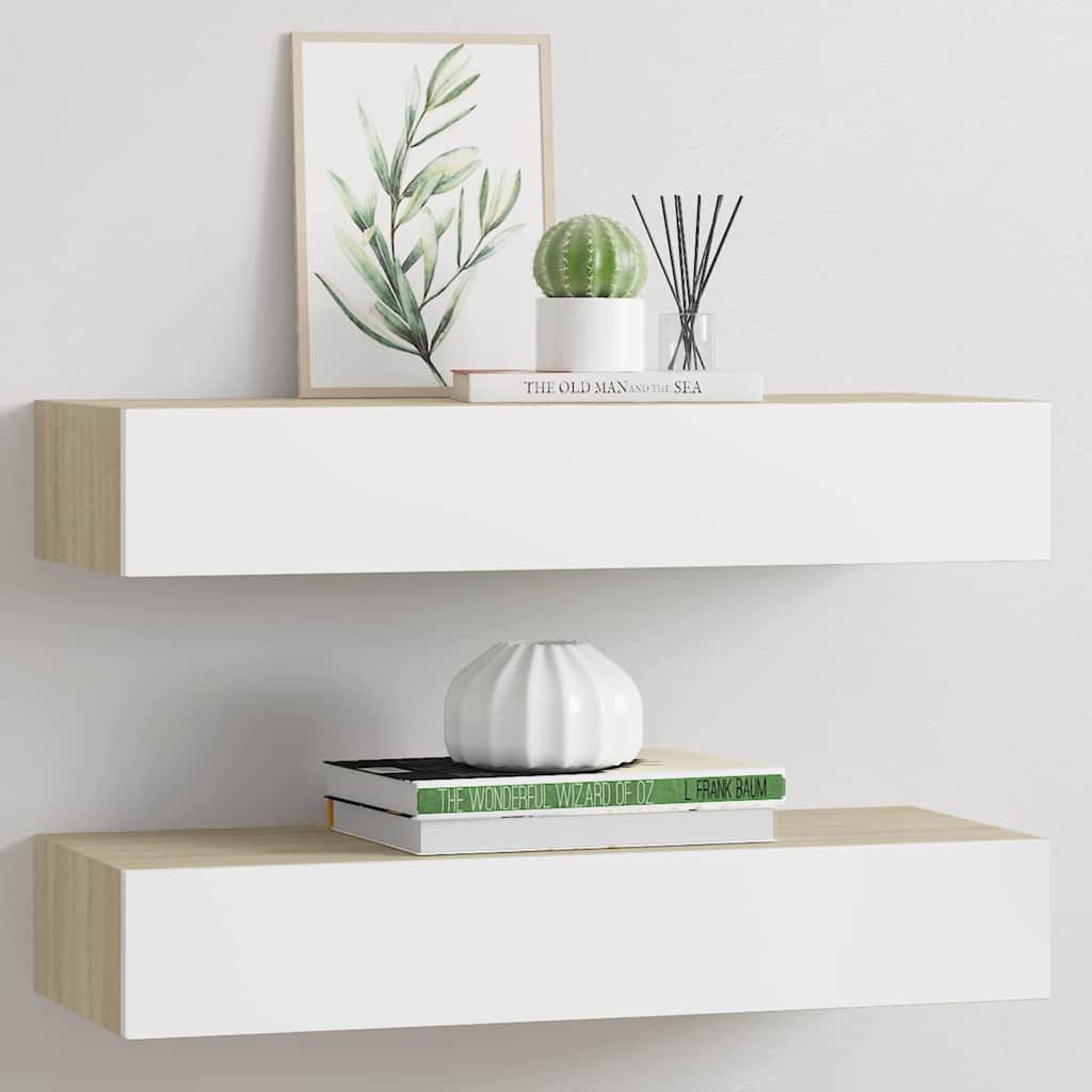 Seinasahtliga riiulid, 2 tk, tamm ja valge, 60 x 23,5 x 10 cm, MDF