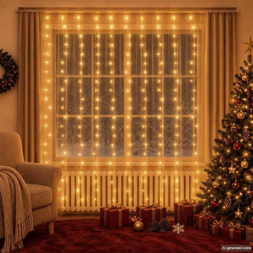 LED-tuledest kardin, 3x3 m, 300 LEDi, soe valge, 8 funktsiooni
