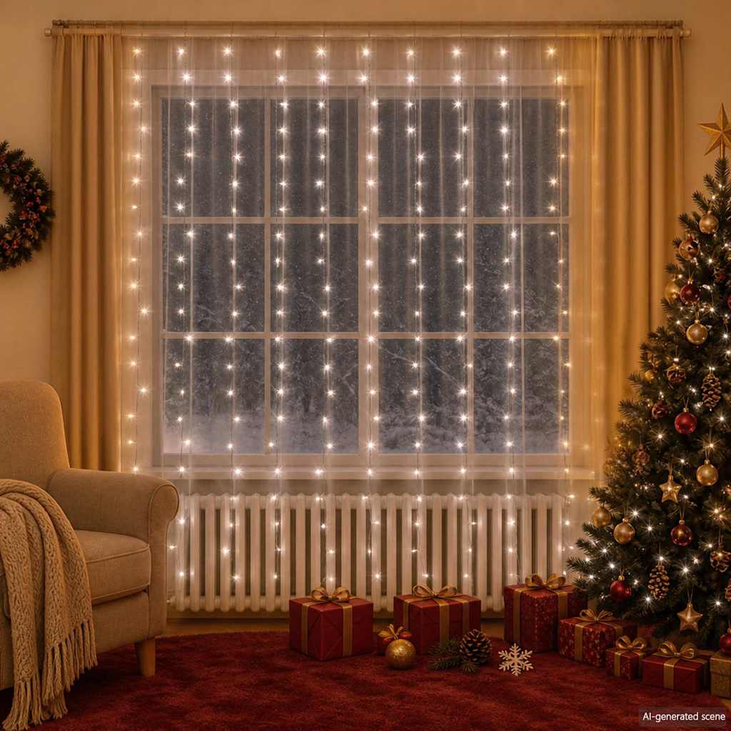 LED-valguskardin, 3x3m, 300 LEDi, külm valge, 8 funktsiooni