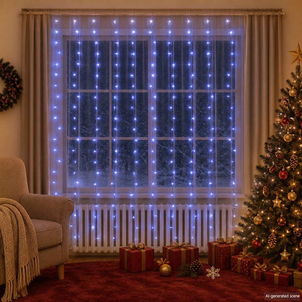 LED-tuledest kardin, 3 x 3 m, 300 LEDi, sinine, 8 funktsiooni