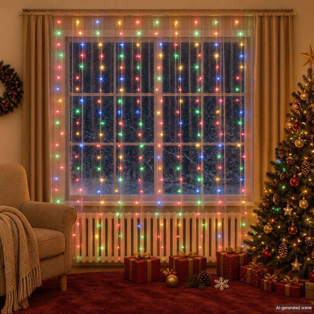 LED-tuledest kardin, 3x3 m, 300 LEDi, värviline, 8 funktsiooni