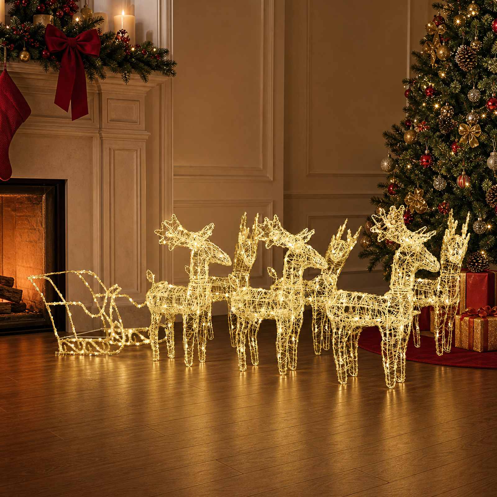 Põhjapõdrad saaniga, jõulukaunistus, 320 LEDi, akrüül