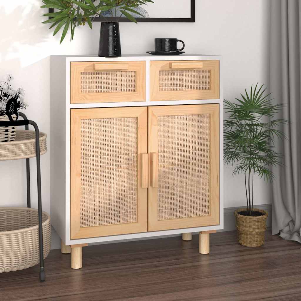Puhvetkapp valge 60x30x75 cm, mänd ja naturaalne rotang