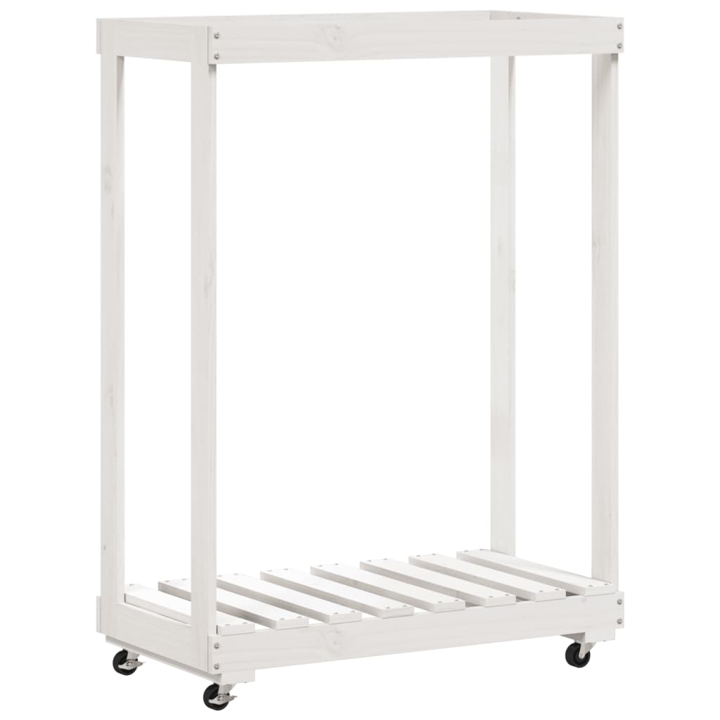 Küttepuude alus ratastega, valge, 76,5 x 40 x 108 cm, männipuit