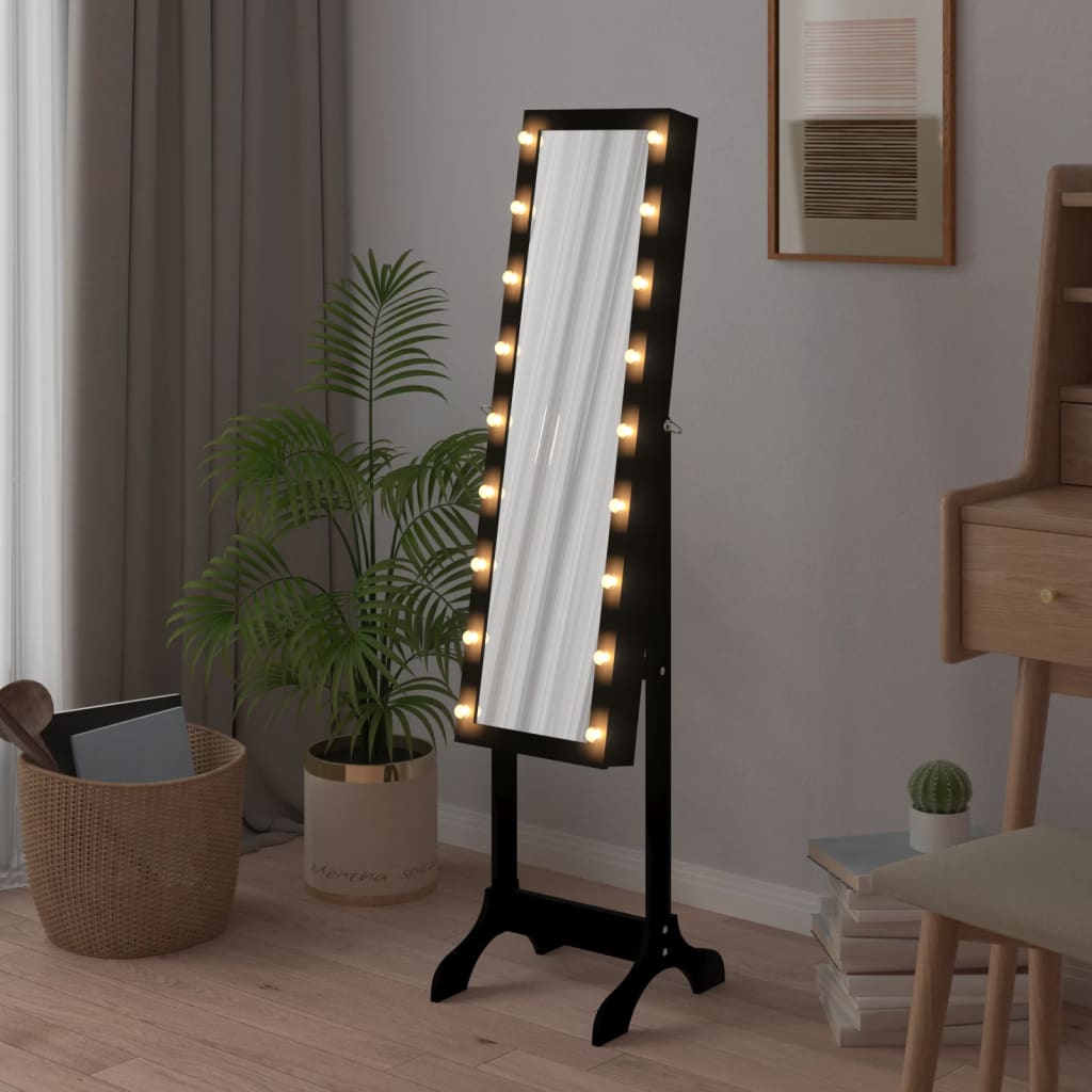 Eraldiseisev peegel LED-tuledega, must, 34 x 37 x 146 cm