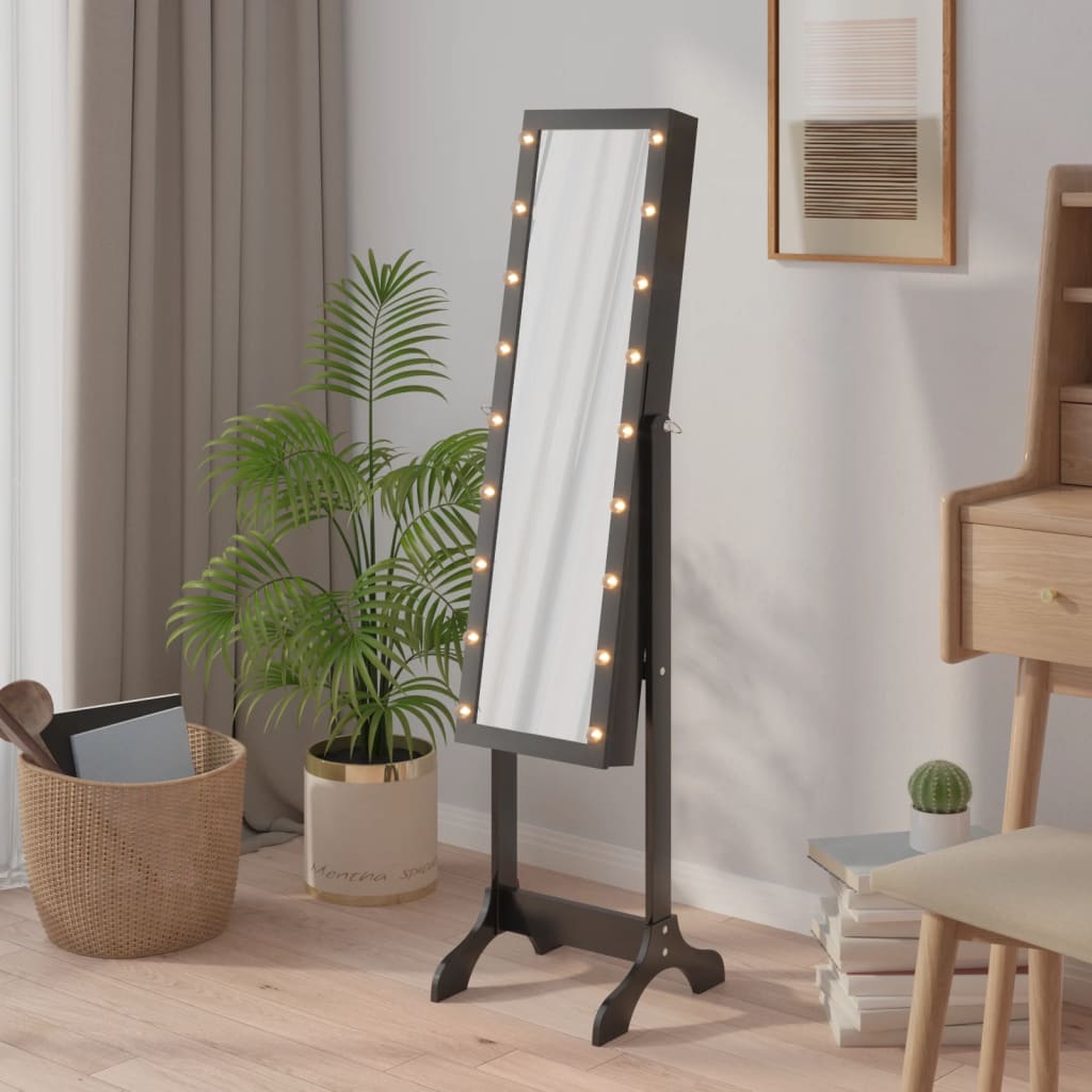 Eraldiseisev peegel LED-tuledega, must, 34 x 37 x 146 cm