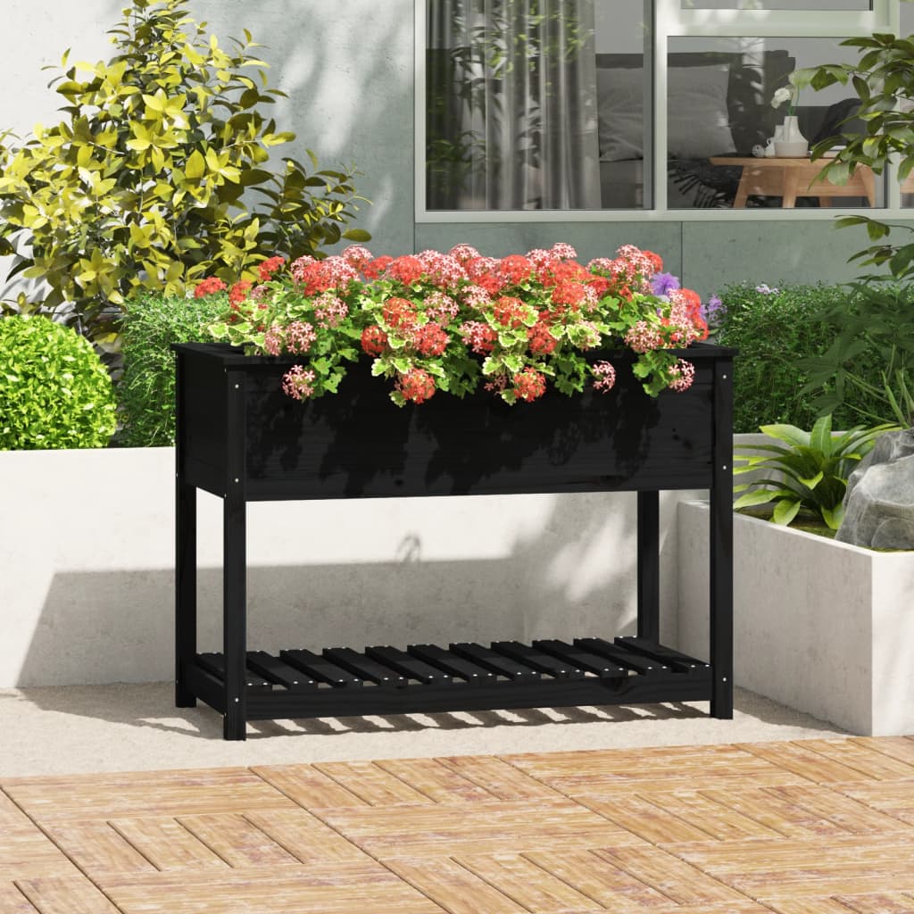 Riiuliga taimekast, must, 111,5x54x81 cm, männipuit