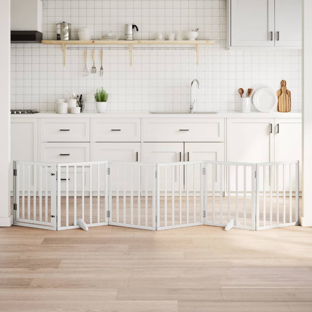 Kokkupandav koeravärav uksega, 6 paneeli, valge 300 cm, pappel