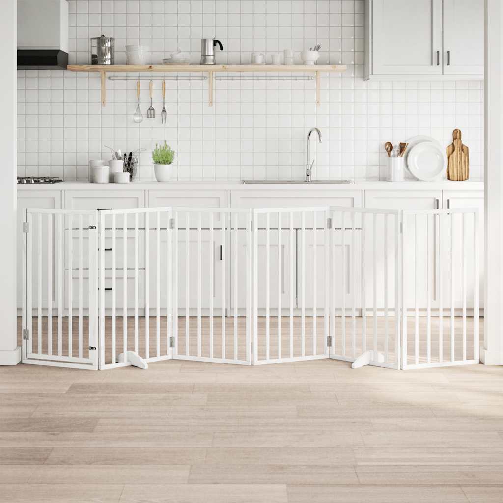 Koeravärav uksega, kokkupandav, 6 paneeli, valge, 300 cm, paplipuit