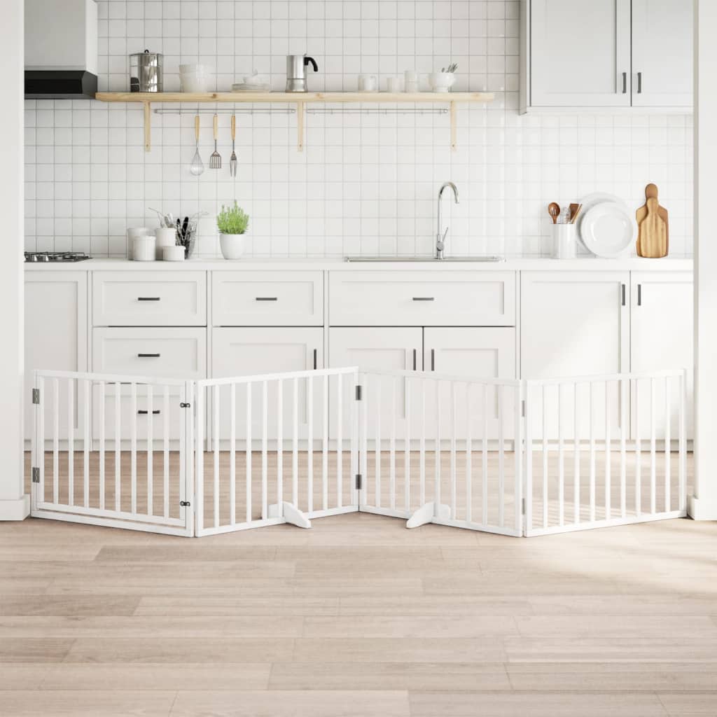Kokkupandav koeravärav uksega, 4 paneeli, valge 320 cm, pappel