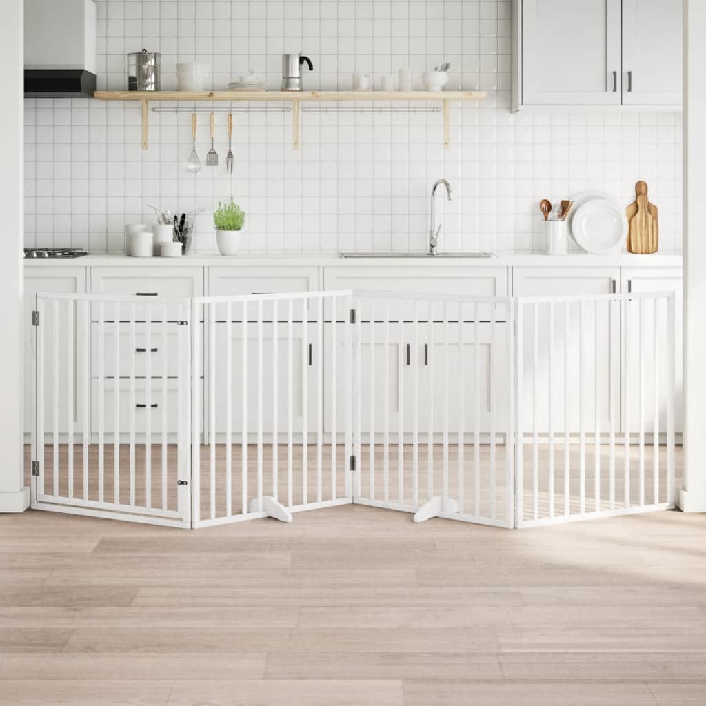 Koeravärav uksega, kokkupandav, 4 paneeli, valge, 320 cm, paplipuit