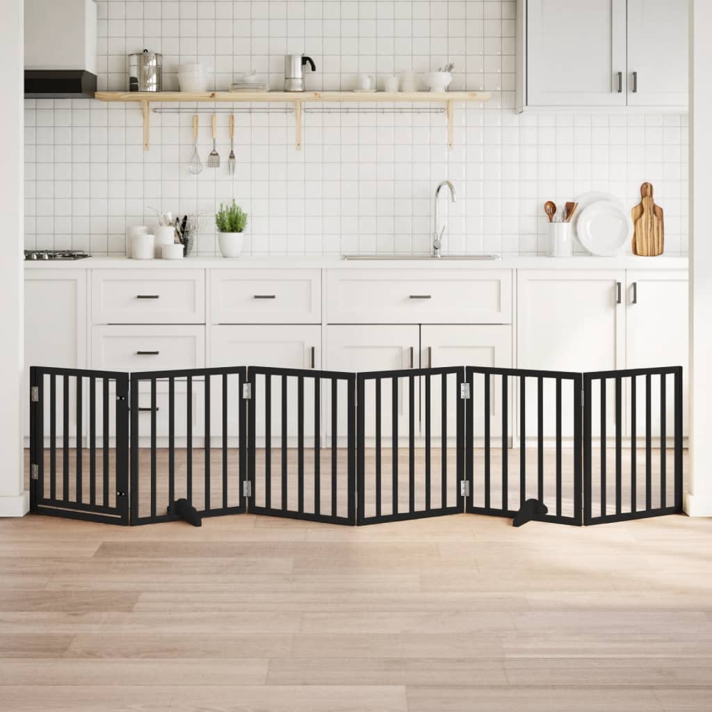 Kokkupandav koeravärav uksega, 6 paneeli, must 300 cm, pappel