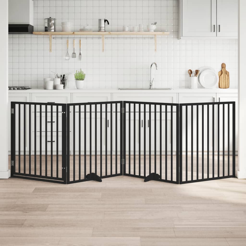 Kokkupandav koeravärav uksega, 4 paneeli, must 320 cm, pappel