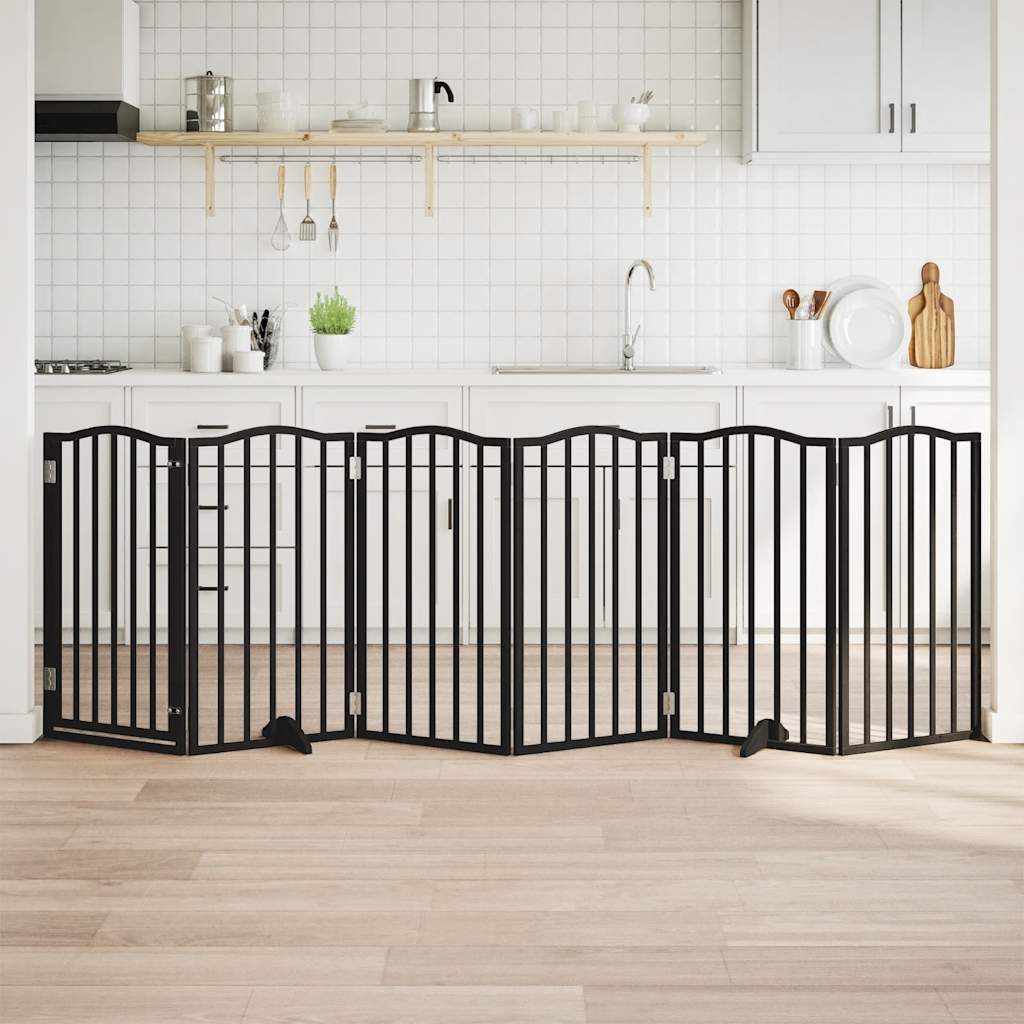 Kokkupandav koeravärav uksega, 6 paneeli, must 300 cm, pappel