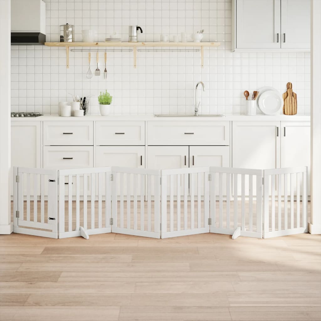 Kokkupandav koeravärav uksega, 6 paneeli, valge 300 cm, pappel