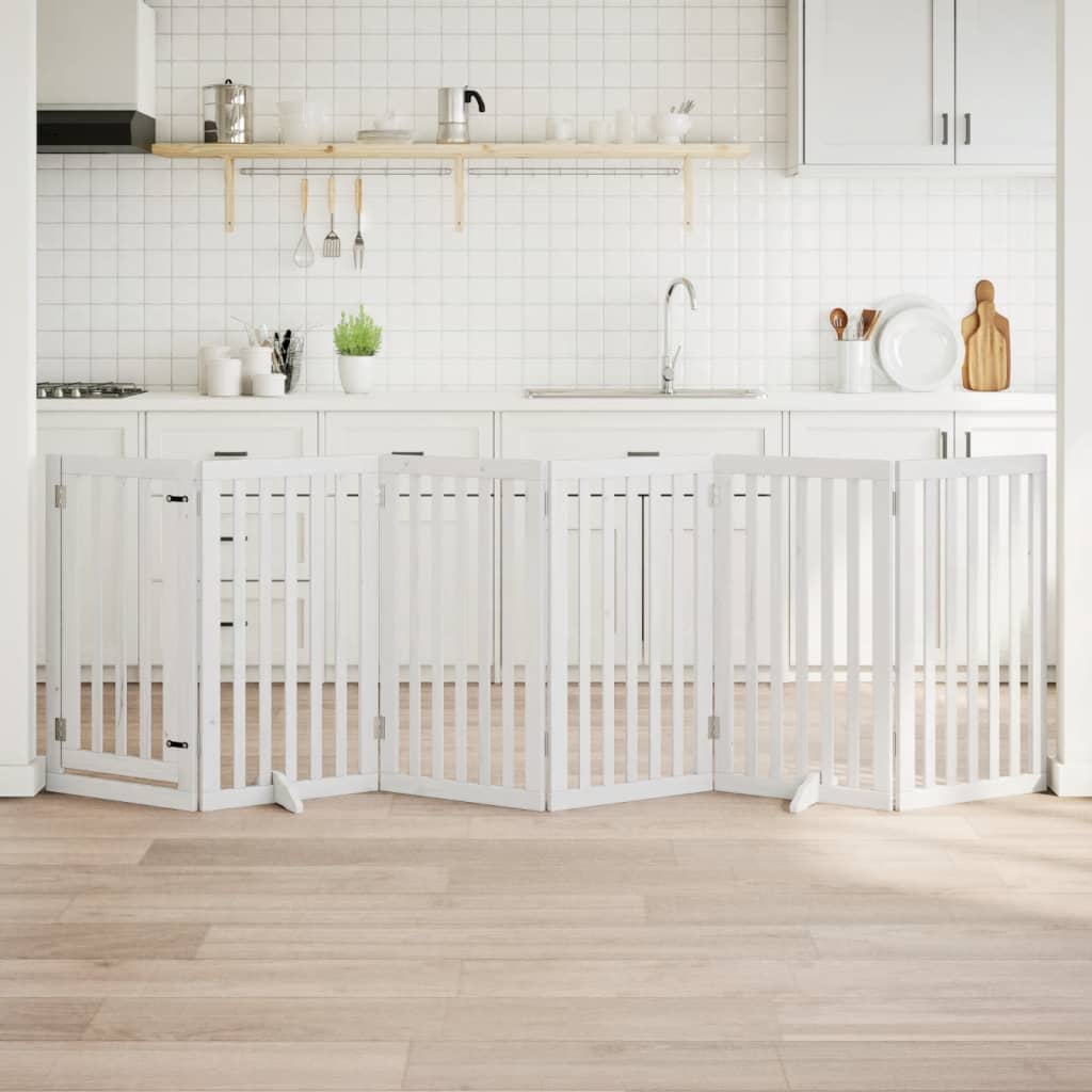 Kokkupandav koeravärav uksega, 6 paneeli, valge 300 cm, pappel
